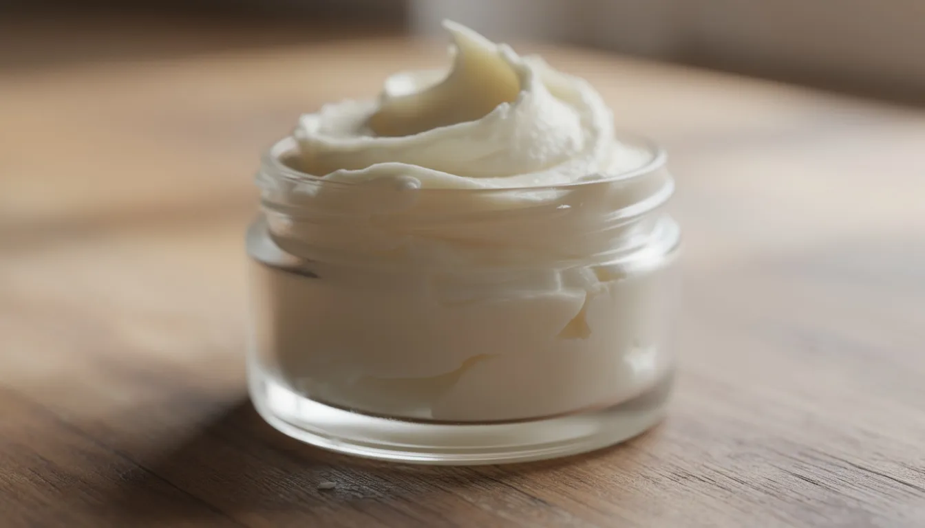 A glass jar filled with pale, fluffy whipped tallow balm sits on a wooden surface, showcasing its creamy texture ideal for moisturizing sensitive skin. This tallow balm, made from animal fats like beef tallow, serves as a nourishing addition to any skincare routine, particularly for those with dry skin.