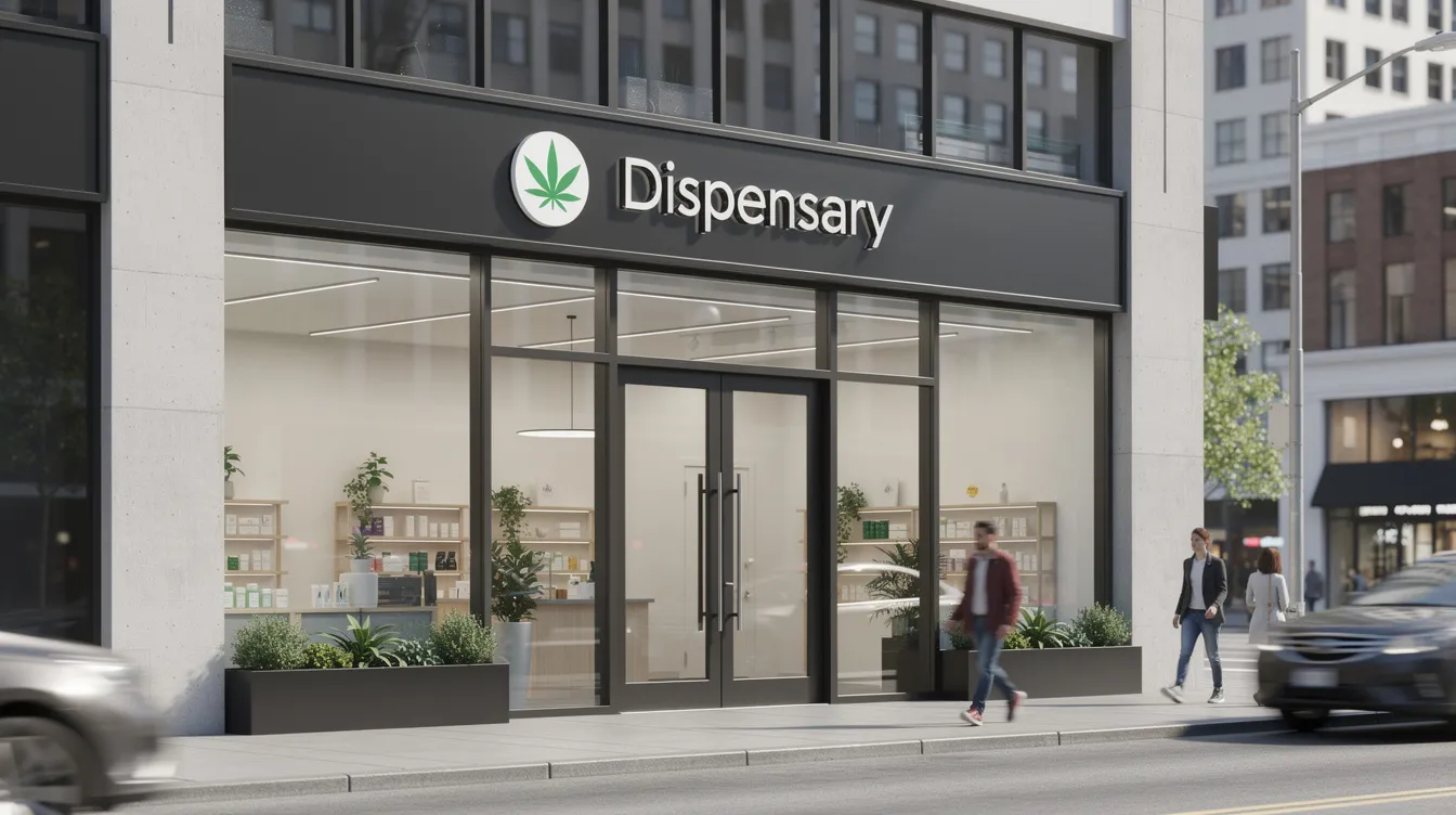 The image depicts the exterior of a modern cannabis dispensary featuring large glass doors and clean, professional signage, situated on a bustling city street. This dispensary likely offers a variety of hemp-derived products, including delta 8 THC and other cannabinoid hemp products, in compliance with state laws and regulations.
