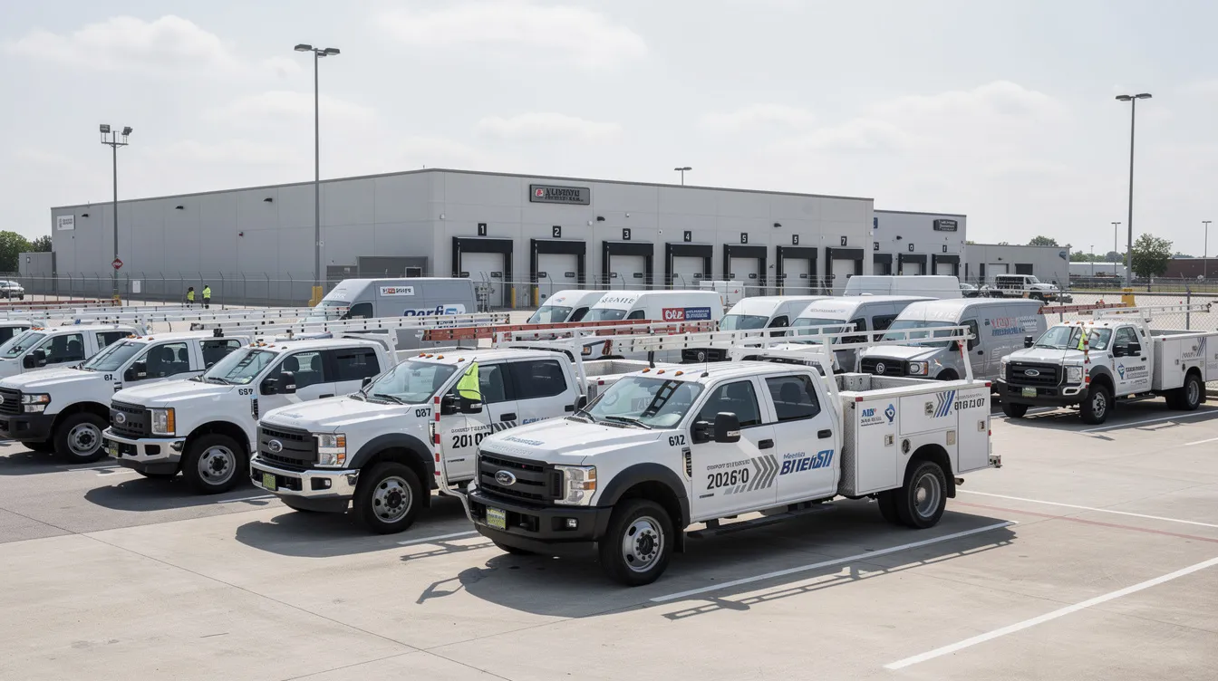 The image shows a fleet of commercial vehicles, including service trucks and delivery vans, parked at a depot. This setup highlights the importance of a GPS fleet tracking system for fleet managers to monitor vehicle location, optimize routes, and improve operational efficiency.
