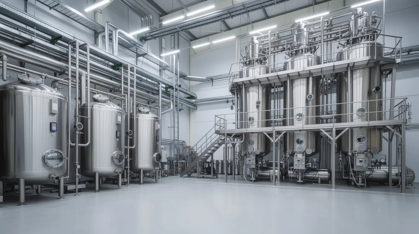 2985d9d5 2f2e 4d94 bf26 dc0b2b380f94 The image depicts industrial stainless steel evaporator and reactor equipment inside a manufacturing plant, showcasing the advanced machinery used in the glucose production process. This setup is essential for converting raw materials like maize starch into liquid glucose, highlighting the operational excellence and unit operations involved in the glucose manufacturing unit.