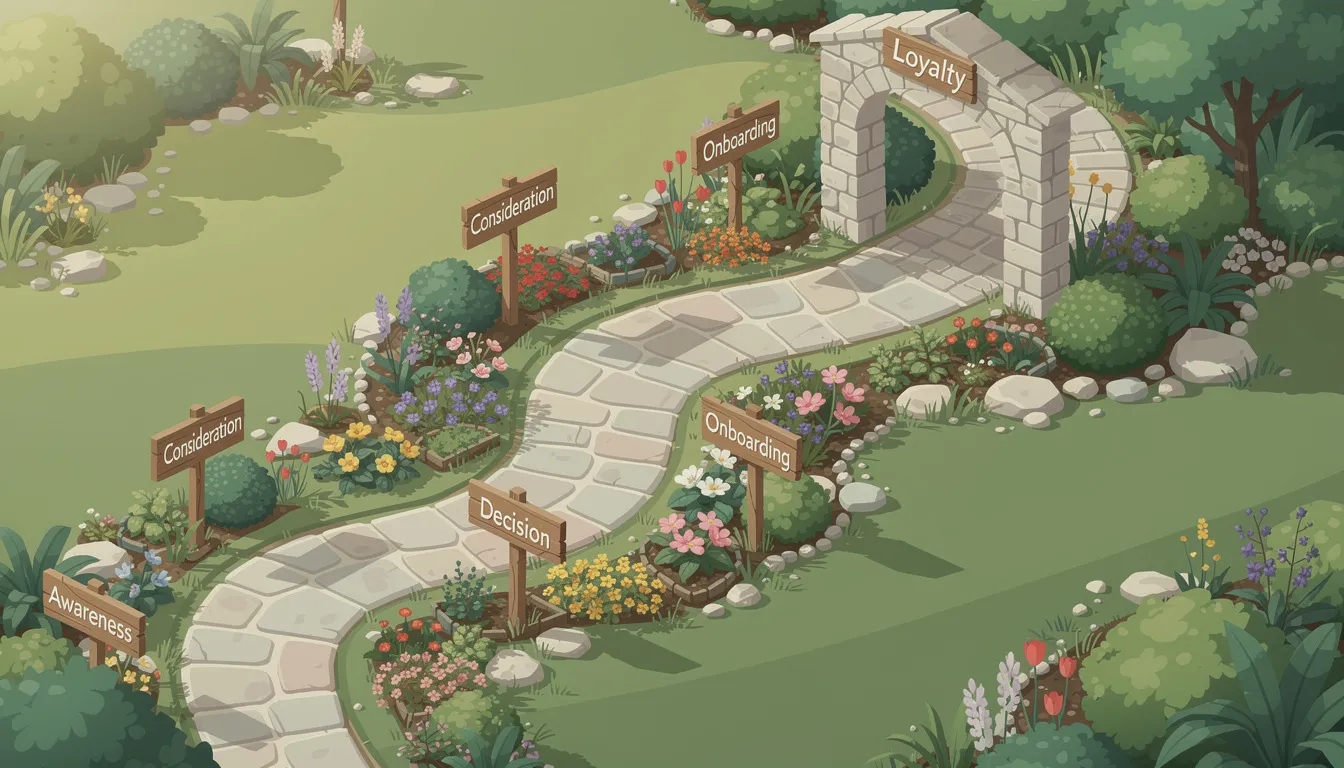 The image depicts a winding pathway through a lush garden, symbolizing the various steps of a customer's journey in digital marketing, from initial search engine queries to engaging blog content that drives organic traffic. This visual representation highlights the importance of well-structured websites and quality content in guiding potential customers through the sales funnel.