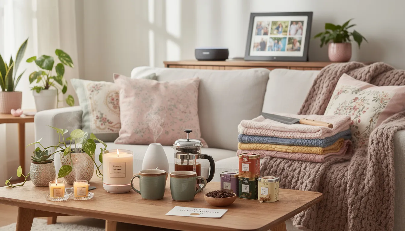 The image showcases a collection of thoughtfully curated home and lifestyle gifts for Mother's Day, including a luxury weighted blanket, premium scented candles, decorative throw pillows, and stylish coffee accessories. Each item is designed to enhance a mother's living space while providing both comfort and practical benefits, making them perfect gift ideas for celebrating her special day.