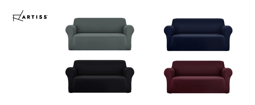 Four Artiss universal couch covers in grey, black, blue and red.