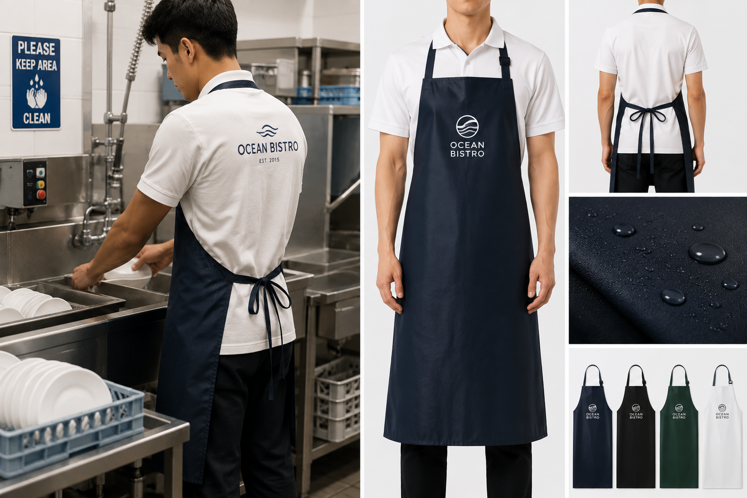 Waterproof dishwasher apron shown in a commercial washing area with water-resistant fabric and full front coverage.