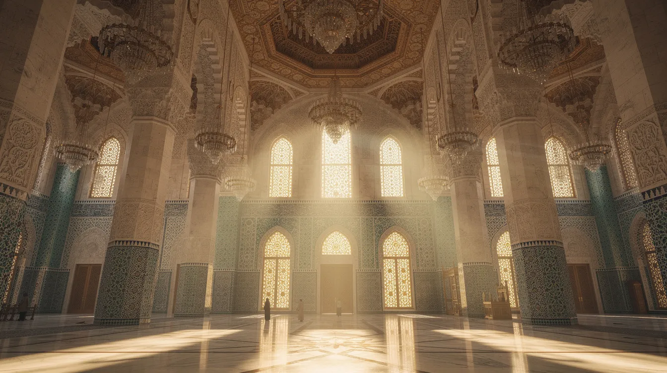 The grand interior of Hassan II Mosque in Casablanca features towering columns adorned with intricate tilework, while sunlight streams through ornate windows, illuminating the space dedicated to the Muslim religion. This iconic mosque reflects Morocco's strong religious beliefs and serves as a prominent site for religious services and communal gatherings.