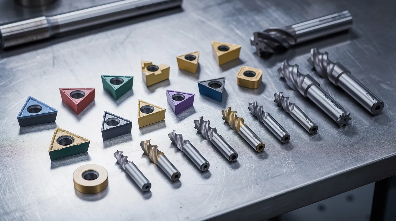 The image features an array of various indexable milling cutter inserts and solid carbide end mills neatly arranged on a metal workbench, showcasing tools designed for plunge milling. The assortment highlights different diameters and cutting edges, ideal for machining non-ferrous materials under favorable conditions.