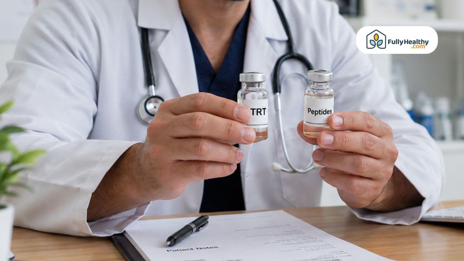 Healthcare professional comparing TRT and peptide medication vials.