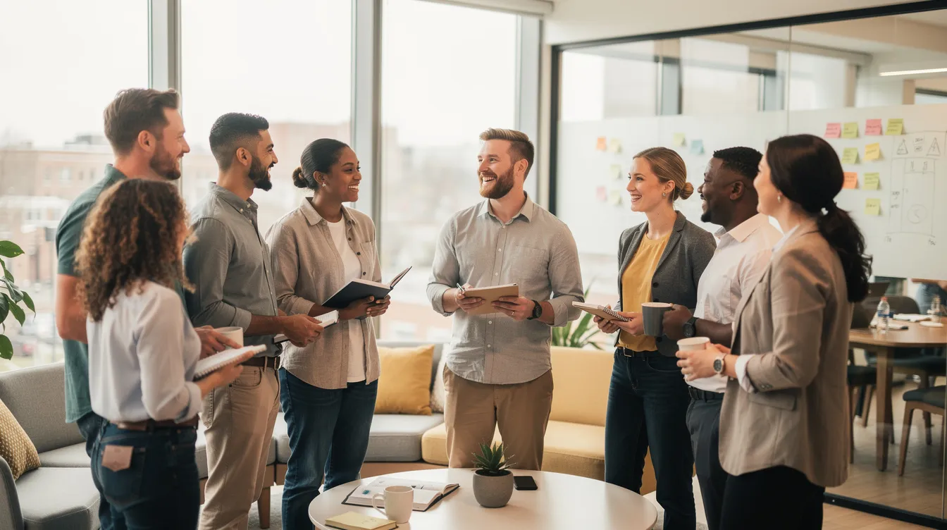 Une équipe diverse est réunie en cercle dans un bureau moderne, échangeant dans une ambiance collaborative et détendue, illustrant ainsi l'importance des valeurs d'entreprise et de l'engagement des employés au quotidien. Cette scène met en avant la culture d'entreprise et le leadership participatif, favorisant le bien-être et la cohésion des collaborateurs.