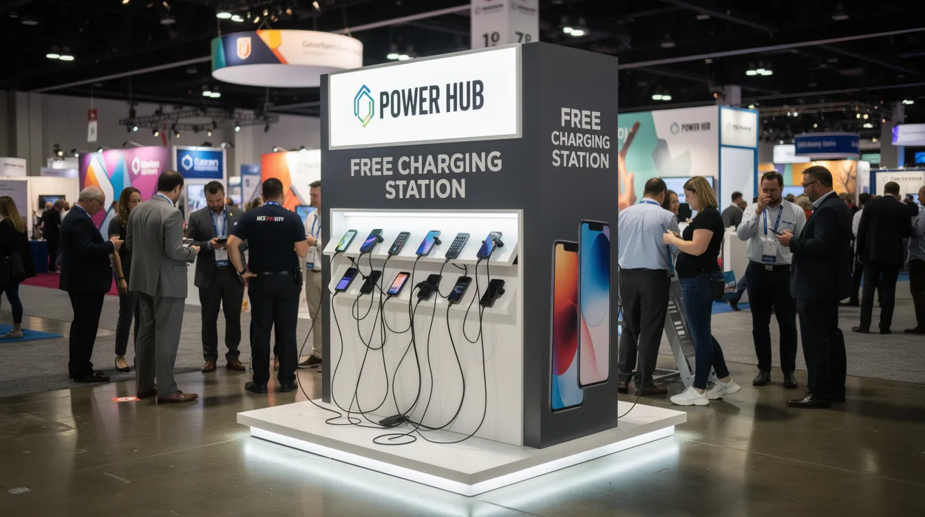 The image shows a branded phone charging kiosk on a bustling trade show floor, with attendees gathered around it, utilizing its multiple charging ports to recharge their mobile devices. This phone charging station provides a valuable service, helping guests stay connected during corporate events and trade shows.