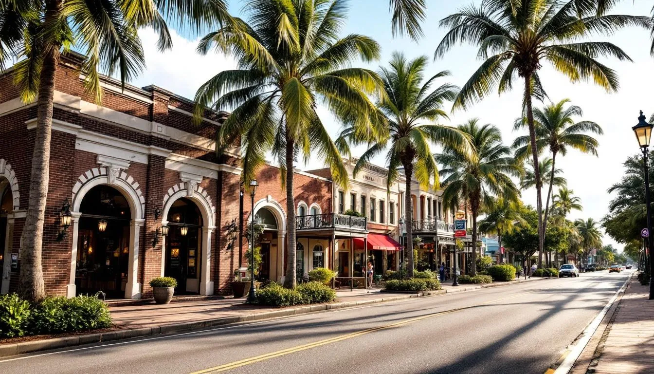 The image depicts a charming streetscape in historic downtown Fort Myers, featuring tall palm trees lining the road and beautifully preserved historic buildings that reflect the area's rich history. This picturesque setting invites visitors to relax and explore the vibrant community of Fort Myers, FL.