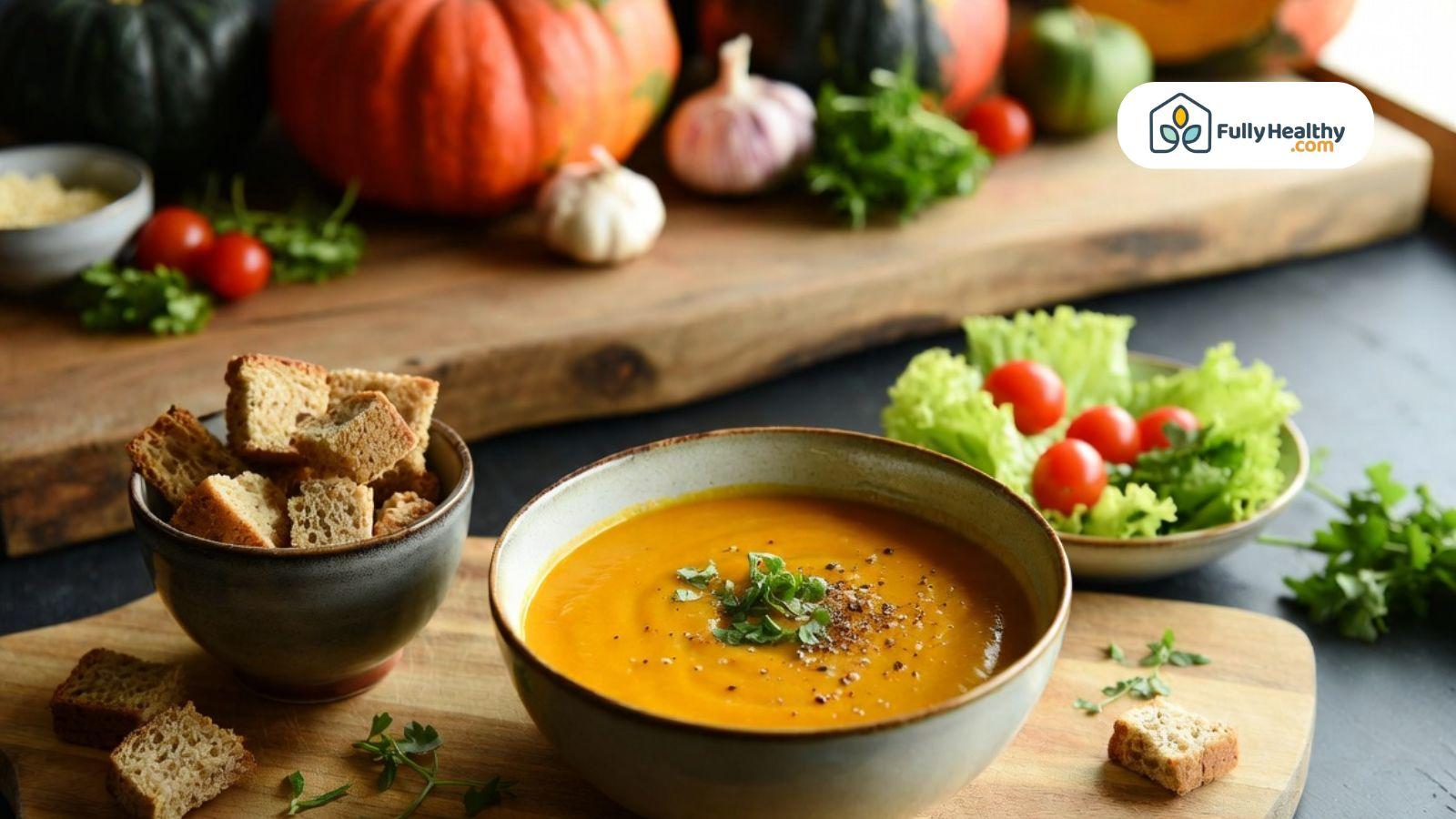 Homemade pumpkin soup with fresh vegetables salad and gluten free croutons