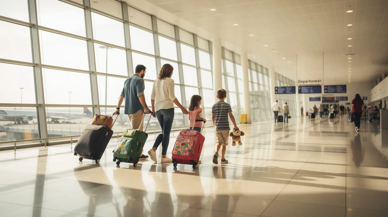 A family of four, each carrying suitcases, walks through a bustling airport terminal, surrounded by other travelers. The scene captures the excitement of their journey, possibly to Ireland, as they navigate through the crowd with a sense of purpose and commitment to their next adventure.