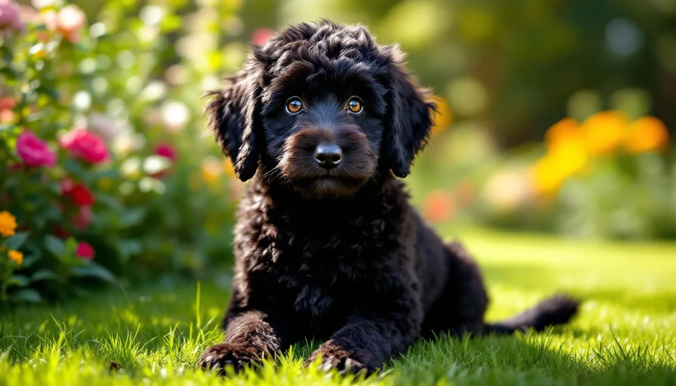 A miniature black goldendoodle sits happily in a sunny garden, showcasing its soft, curly black coat and expressive brown eyes, embodying the playful and affectionate traits of this beloved family pet. This black mini goldendoodle, considered rare among its breed, enjoys the warmth of the sun while surrounded by vibrant greenery.