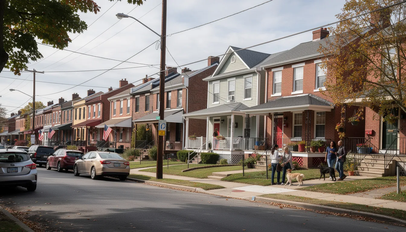Best Pennsylvania Home Buyers The image depicts a diverse residential neighborhood in Pennsylvania, featuring a mix of brick rowhomes and single-family houses, showcasing the vibrant architecture typical of Philadelphia. This area is ideal for cash buyers looking to purchase properties in a welcoming community.