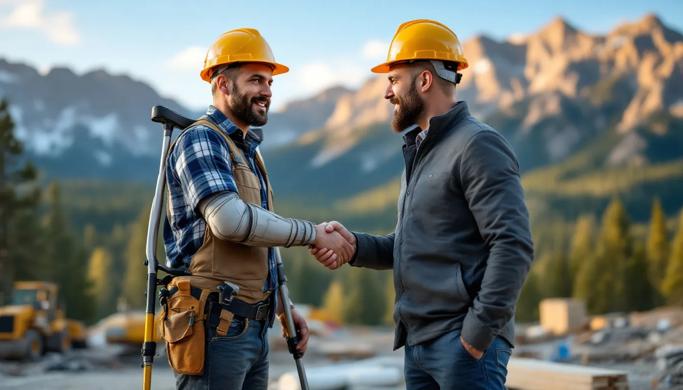 A construction worker using crutches and wearing a hard hat shakes hands with an attorney against a scenic Colorado backdrop, symbolizing the support for injured workers navigating the workers compensation claims process. This image highlights the importance of seeking legal assistance for workplace injuries to receive workers compensation benefits and manage medical expenses.
