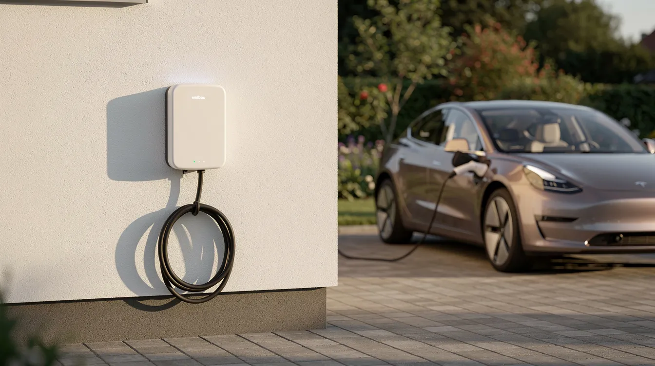 Eine weiße Wallbox ist an einer Hauswand montiert, während daneben ein kompaktes Elektroauto auf der Einfahrt steht. Diese Szene zeigt die Möglichkeit, ein E-Auto zuhause zu laden und die Vorteile der E-Mobilität in einem modernen Alltag.
