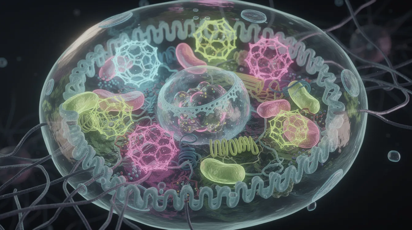 The image depicts intricate cellular machinery featuring glowing protein complexes within a cell, highlighting processes such as energy metabolism and cellular repair. This visual representation underscores the importance of pathways like the mTOR pathway and their role in aging, longevity, and cellular stress responses.