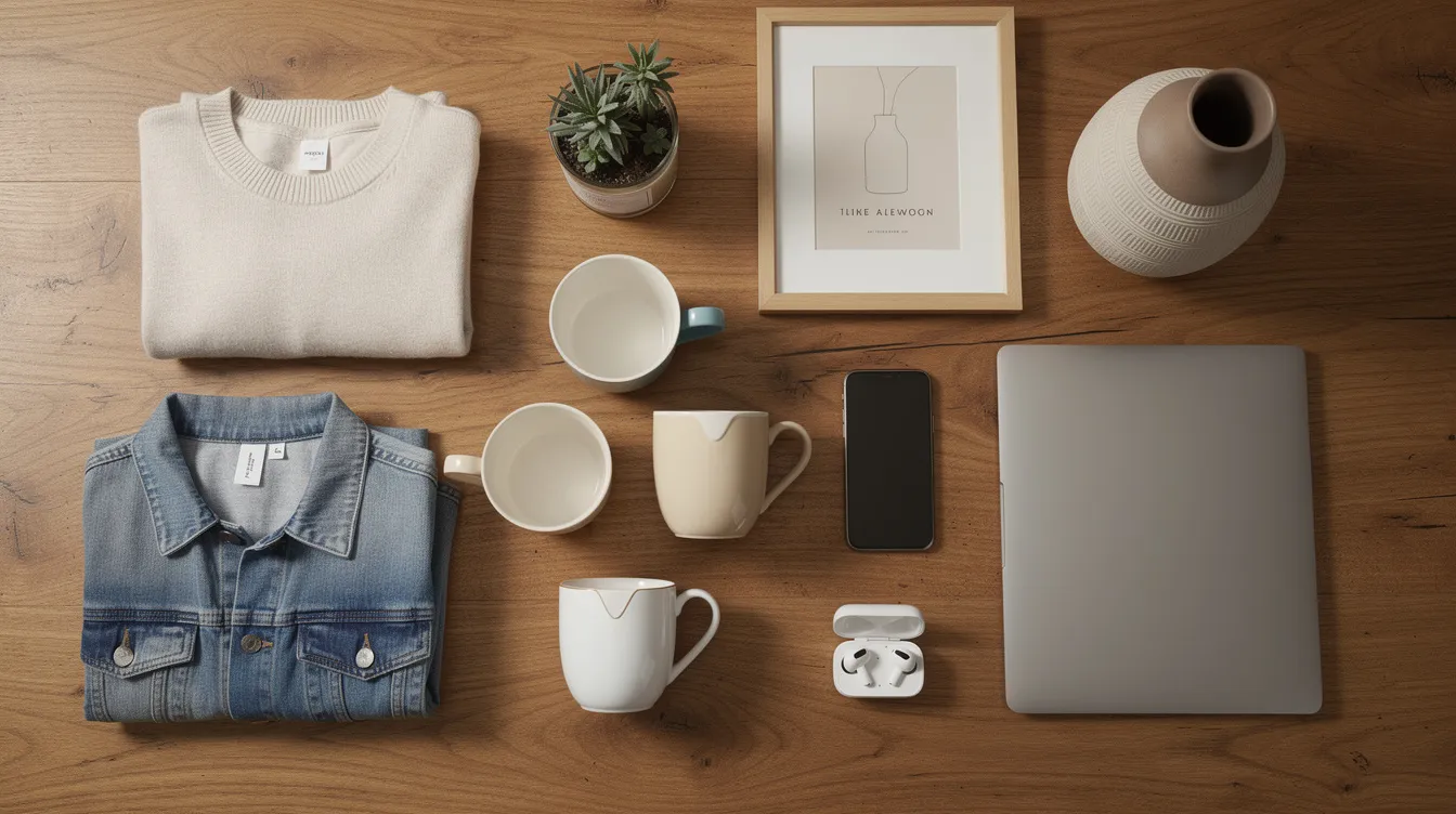The image showcases a variety of products, including clothing, mugs, electronics, and home decor items, neatly arranged on a wooden table, ideal for an online store. This assortment highlights the potential offerings for dropshipping businesses, emphasizing product quality and the importance of reliable suppliers for a successful Shopify dropshipping store.