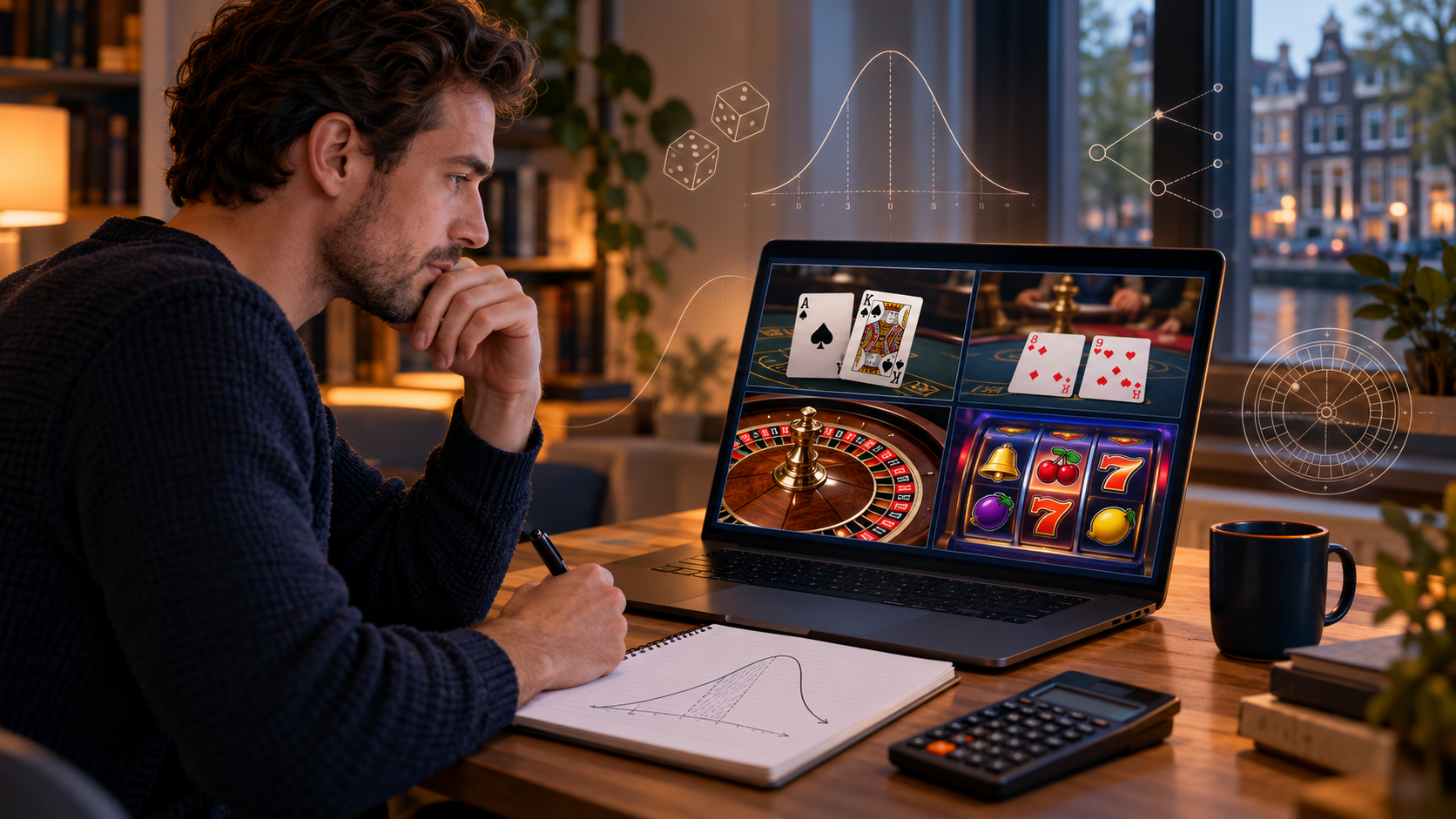 Man bekijkt blackjack, baccarat, roulette en slots naast een rekenmachine en grafiek.