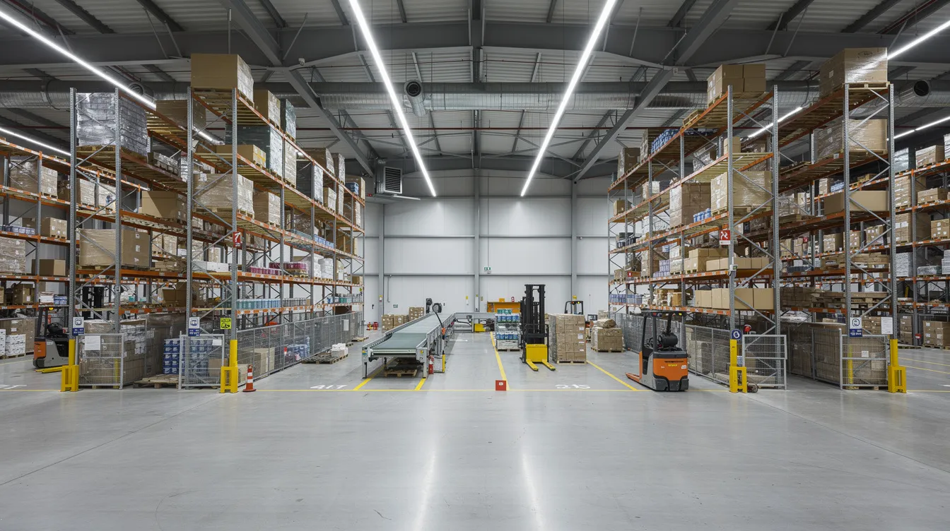The image depicts the interior of a large industrial warehouse, featuring tall shelving units filled with various equipment and supplies, emphasizing the environment where many injured workers may experience workplace injuries. This setting highlights the importance of understanding workers compensation laws and the role of experienced workers compensation attorneys in navigating claims related to on-the-job injuries.
