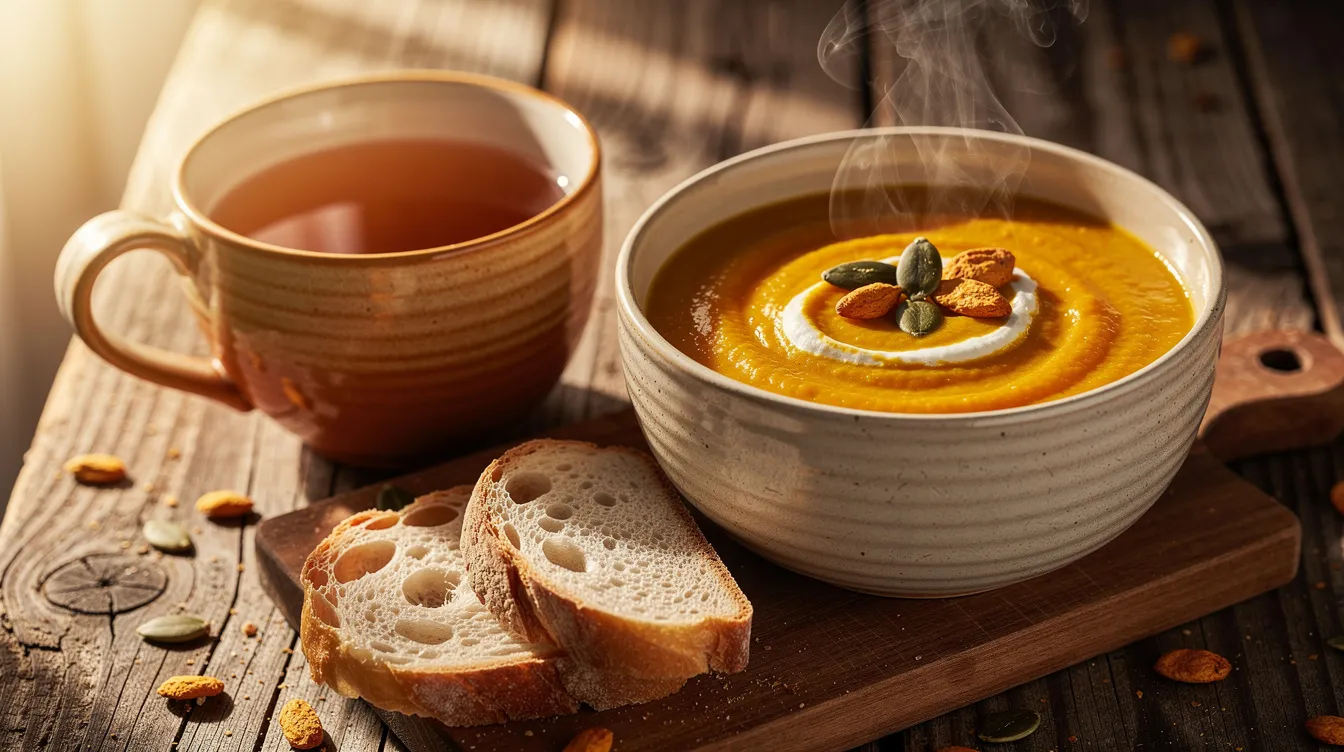 Herbata podana obok jesiennej zupy dyniowej i pieczywa