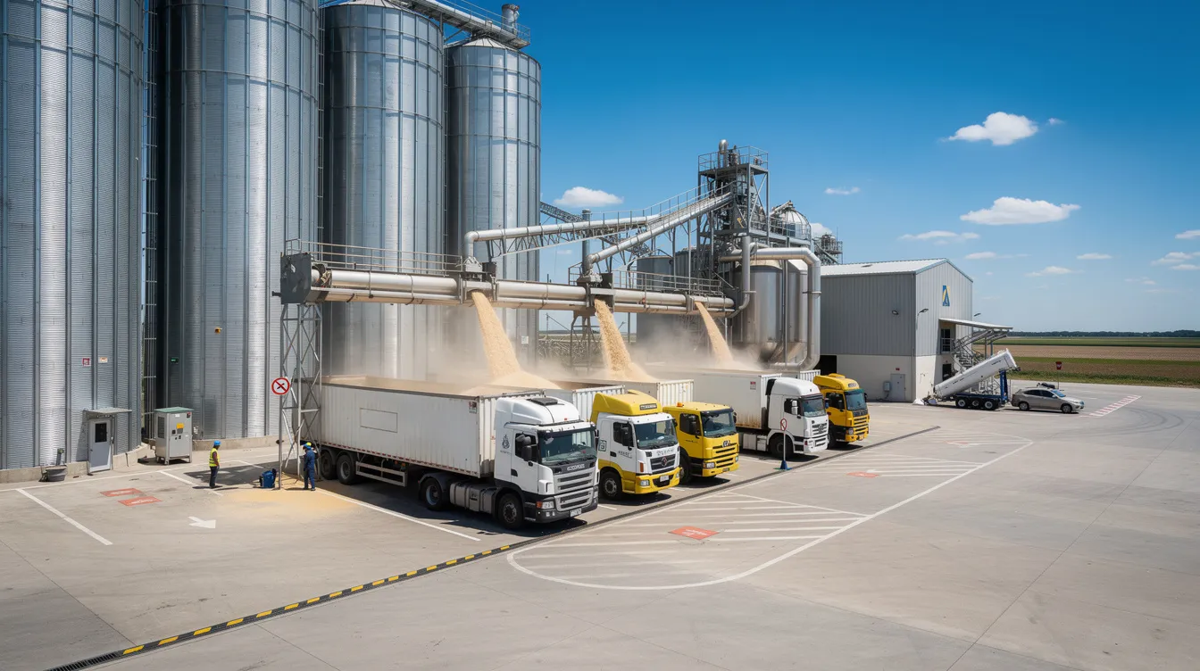 The image depicts large industrial grain storage silos adjacent to a rice processing plant, where trucks are actively being loaded with rice, highlighting the operational aspects of a modern rice mill business. This scene reflects the essential components of rice milling, including storage capacity and logistics, crucial for meeting market demand and ensuring profitability in the food processing industry.