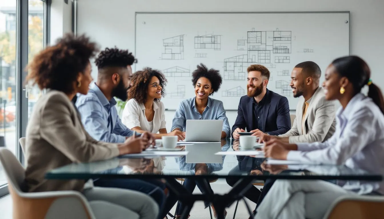 A diverse group of professionals is engaged in a collaborative meeting, discussing innovative architectural ideas that reflect their core values and professional development goals. Their strong relationships and shared commitment to success are evident as they brainstorm marketing strategies to positively impact their industry.