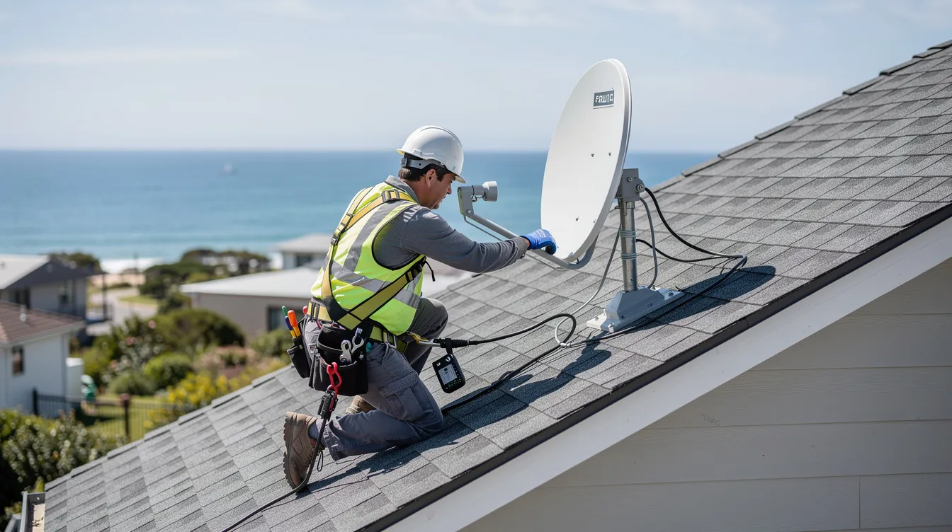 A satellite technician is adjusting a DSTV satellite dish mounted on a residential roof, ensuring proper dish alignment for optimal signal strength. In the background, the ocean is visible, highlighting the importance of a clear line of sight for the best signal reception.