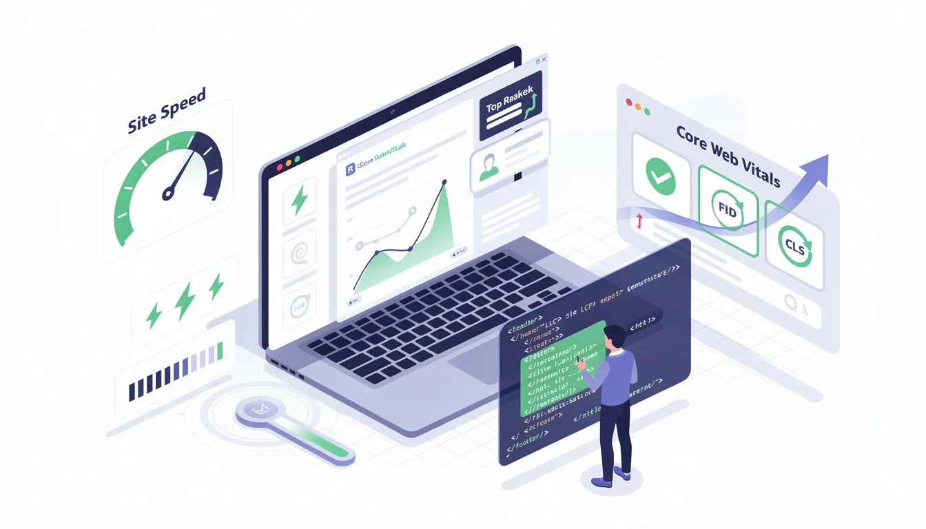 The image illustrates the key components of technical SEO foundations, including site speed, core web vitals, and semantic markup, which are essential for improving a website's SEO ranking on search engines. It highlights the importance of optimizing images and using relevant keywords to enhance search engine performance and user experience.