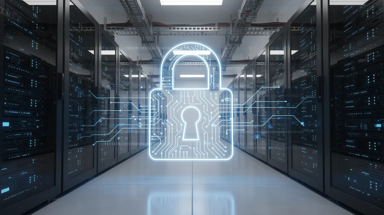 The image depicts a secure server room filled with rows of servers, enhanced by a digital padlock overlay that symbolizes data encryption and security. This visual representation emphasizes the importance of privacy and protection in online lending platforms and financial transactions.
