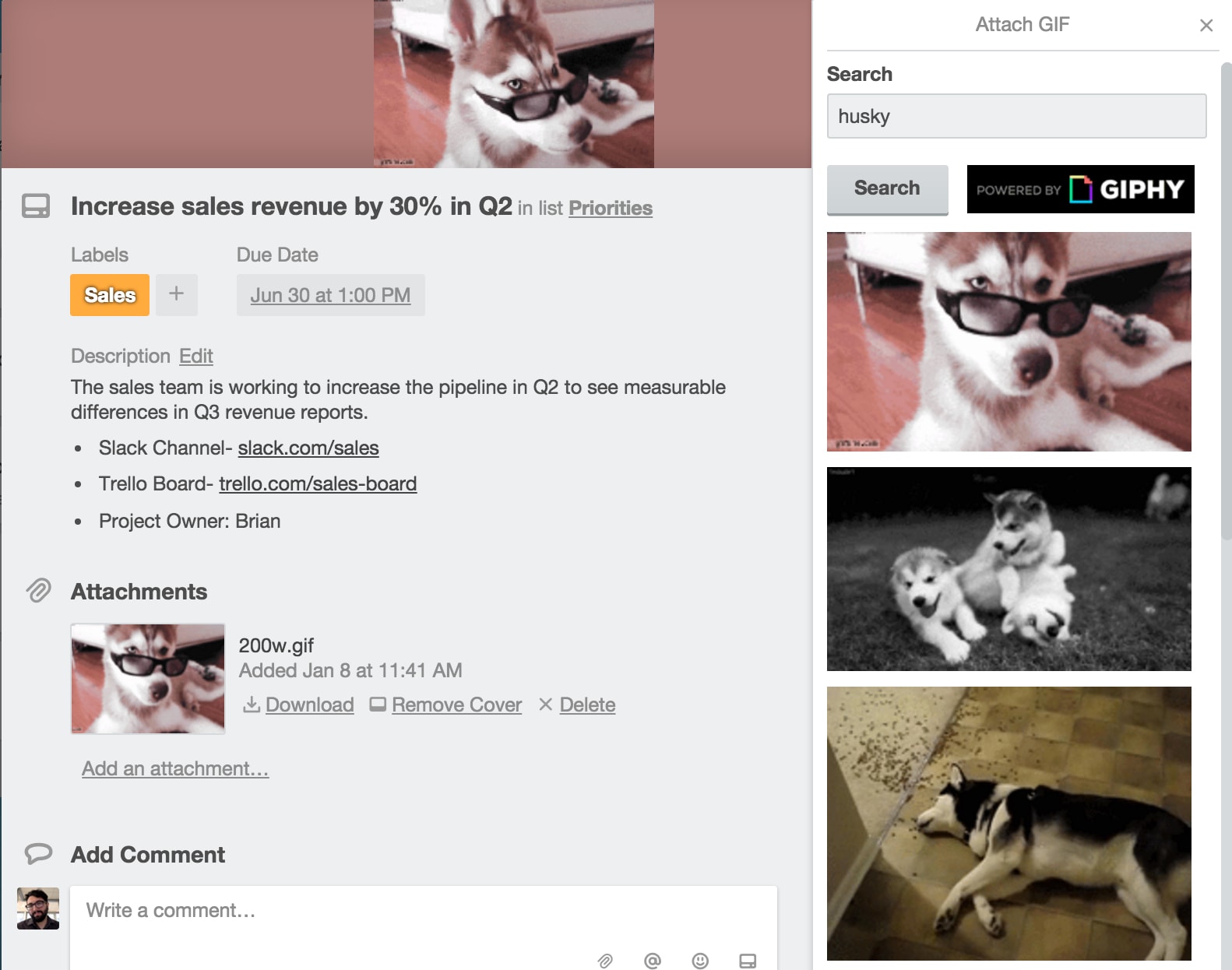 A screenshot of the Giphy add-on for Trello.