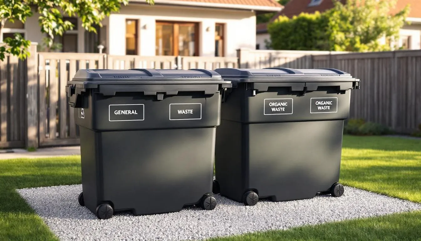 In a residential yard, a professional waste disposal setup is visible, featuring secure, lidded containers designed for dog waste management. This system helps prevent issues such as dog poop attracting rats and other rodents, ensuring a healthier environment for pets and families.