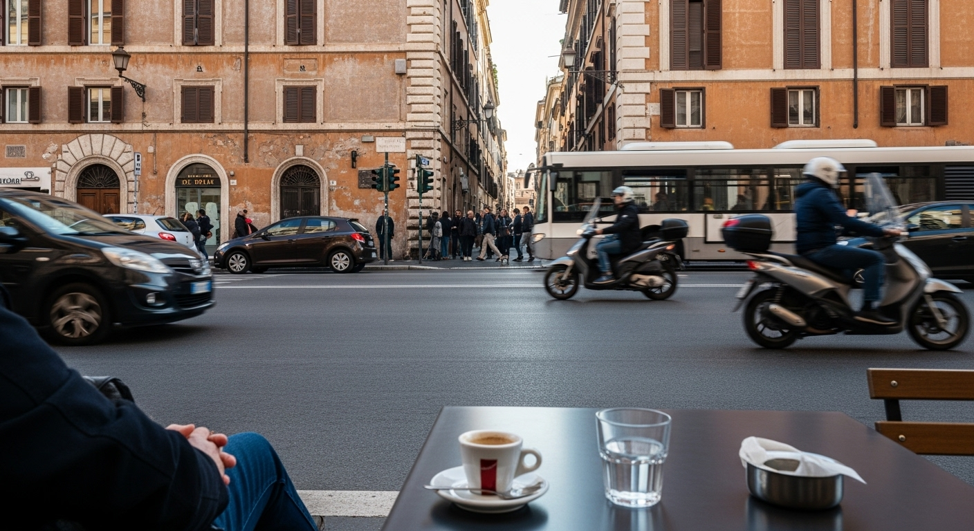 A café table on a busy Roman street, with cars, buses, scooters, and pedestrians moving past as a traveler pauses quietly and takes in the city on their first day in Rome.