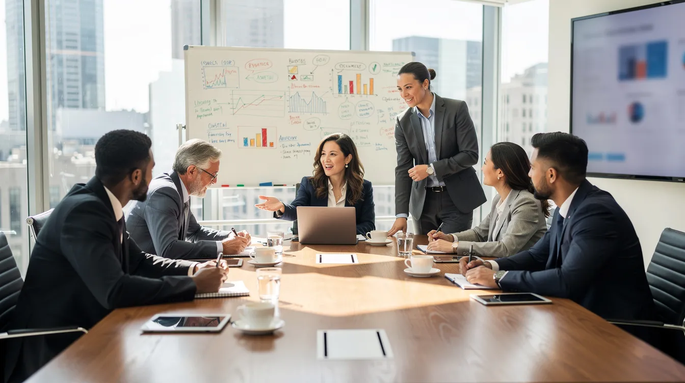 The image depicts a diverse business team engaged in a lively discussion in a modern meeting room, highlighting collaboration and teamwork. This scene emphasizes the importance of effective communication in managing payroll operations and implementing payroll software solutions for small businesses.