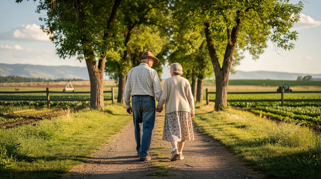An elderly couple strolls hand-in-hand along a picturesque, tree-lined path in Idaho farmland, surrounded by lush greenery and open fields. This serene scene reflects the simplicity of life while subtly hinting at the importance of estate planning and the probate process for securing their legacy.