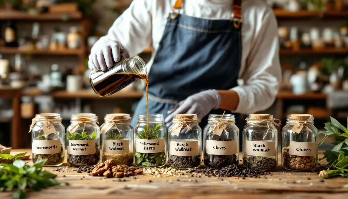 A person is seen preparing herbal tinctures using various antiparasitic herbs, which are carefully arranged in glass jars. This image highlights the natural approach to treating parasitic infections, emphasizing the use of herbal supplements in a healthy diet.