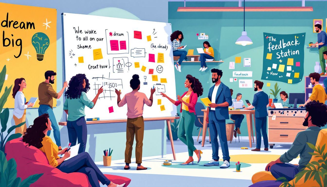 An illustration showing employees engaged in a collaborative work environment, highlighting employee engagement.