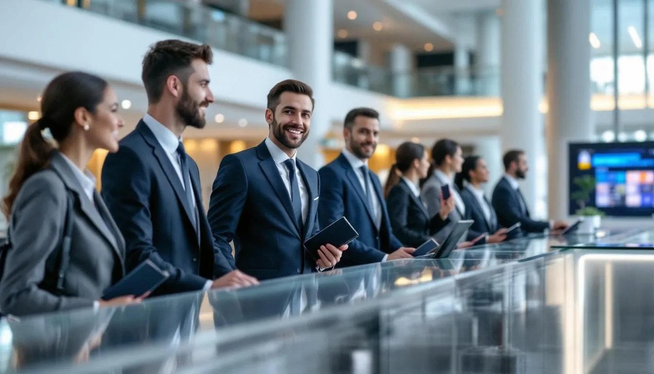 A group of business travelers is checking in at a modern hotel reception desk, with a sleek design and digital displays. The travelers are discussing their reservations and room types, likely coordinating their stay details with a travel organizer.