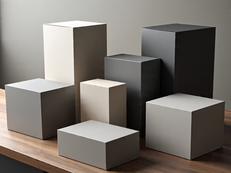 An image of plain rectangular boxes in different sizes placed on a wooden table, shown in simple colors like white, gray, and black with no designs.