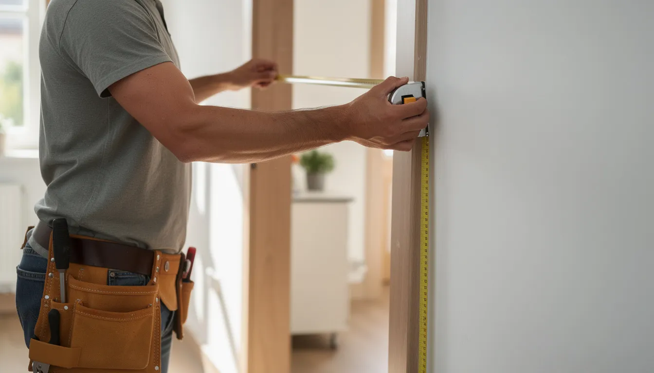 A person is measuring a door frame with a tape measure, likely preparing for the installation of a high-quality sauna door. The focus on precise measurements suggests attention to ensuring the perfect fit for either glass or wooden sauna doors, which are essential for maintaining heat retention and safety in a sauna environment.