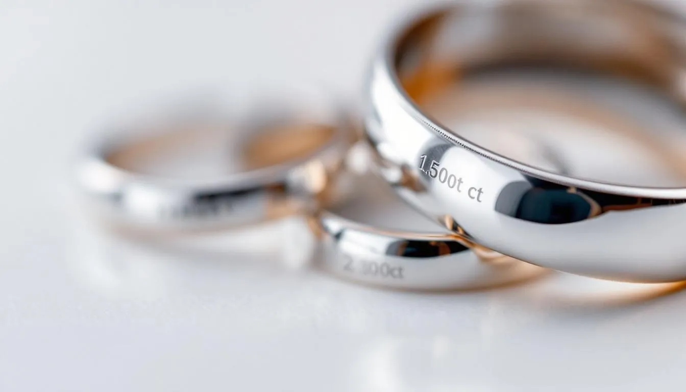 The image showcases a collection of elegant silver wedding rings, featuring various carat weights and styles, including premium sterling silver and cubic zirconia stones in clear, round shapes. The rings are designed for both men and women, highlighting their sleek and timeless appeal for a special day.