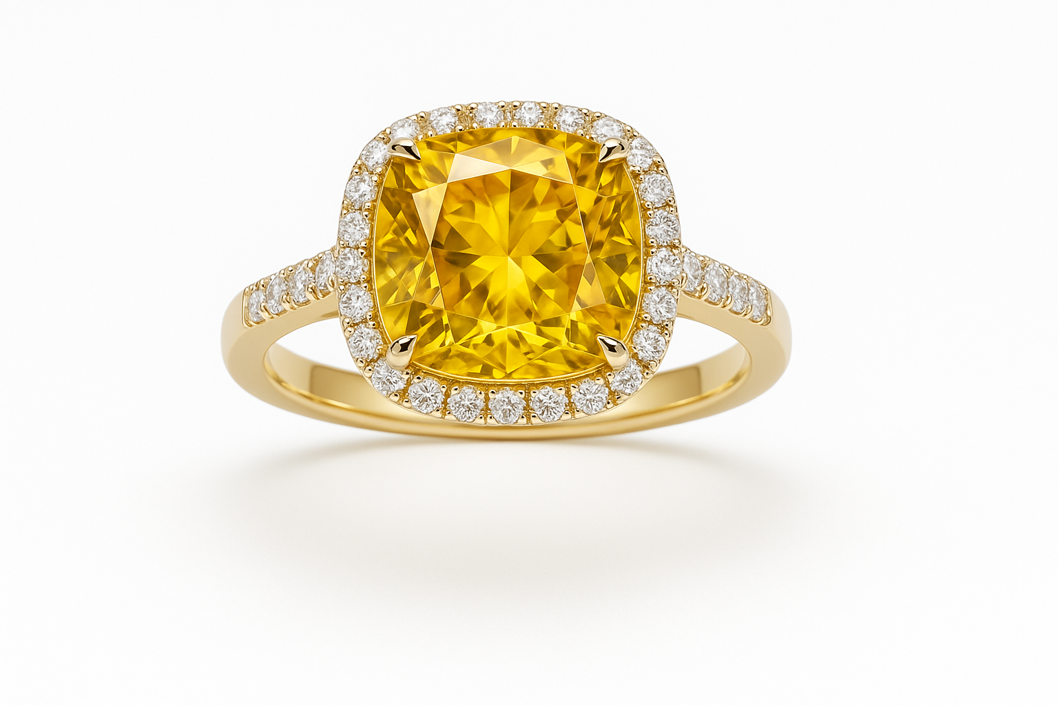 Auksinis žiedas su dideliu geltonu brangakmeniu centre, apsuptu mažų deimantų