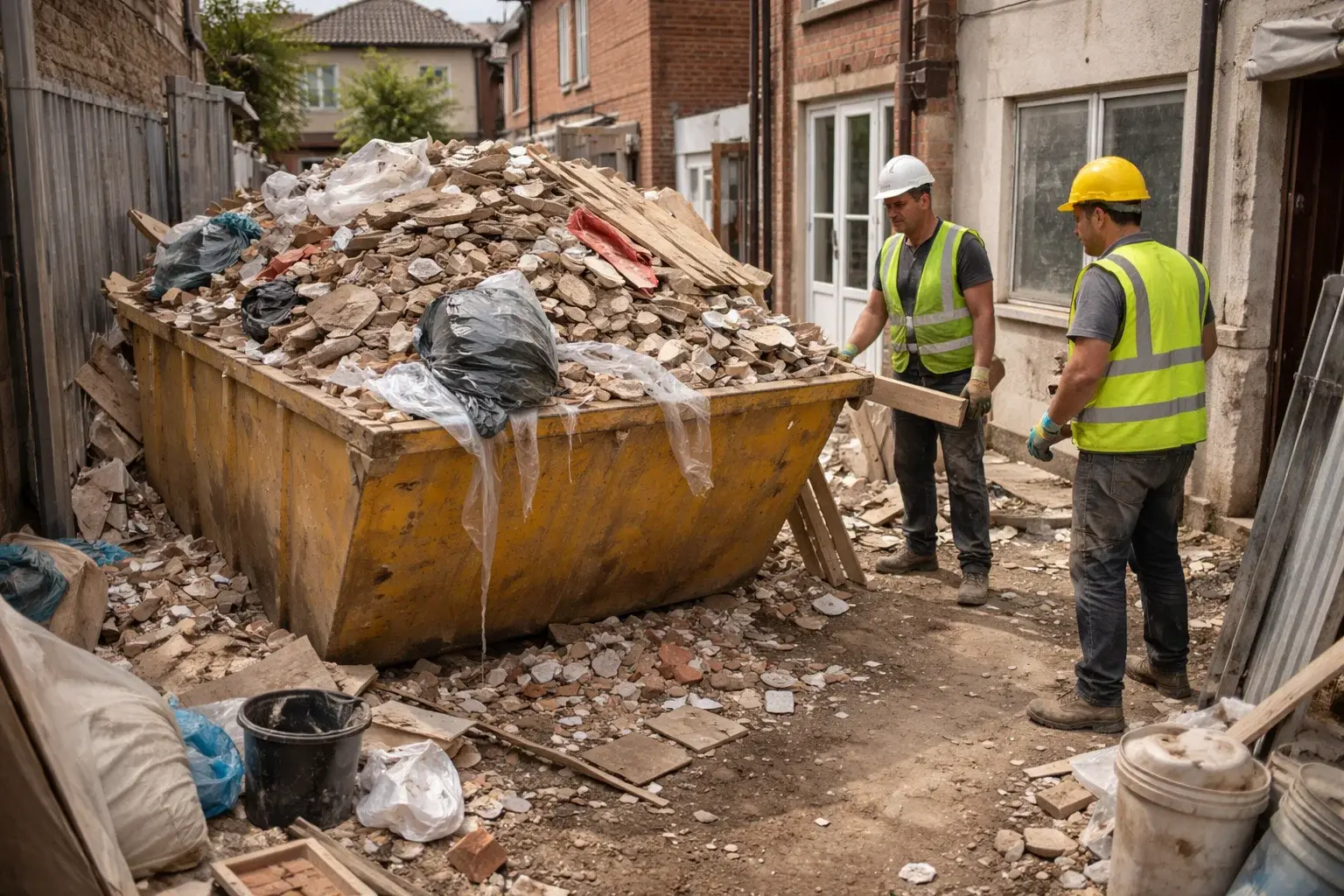 Overfilled skip with mixed construction waste causing confusion on a busy building site