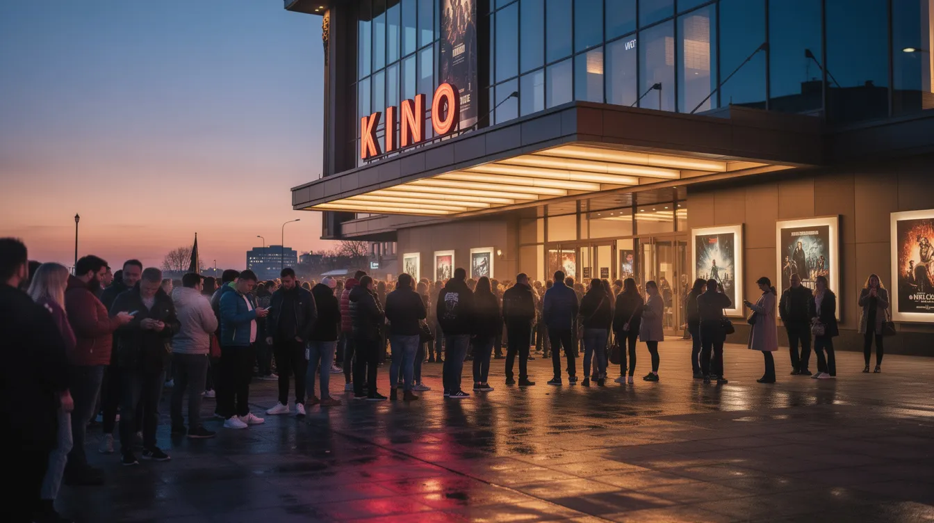 Eine große Menschenmenge steht in einer langen Schlange vor einem beeindruckenden Kinogebäude bei Abenddämmerung, während sie auf die Premiere des Films "Oppenheimer" von Christopher Nolan wartet. Die Atmosphäre ist voller Vorfreude, da das Publikum gespannt auf die Darstellung des Lebens von Robert Oppenheimer und das Manhattan-Projekt ist.