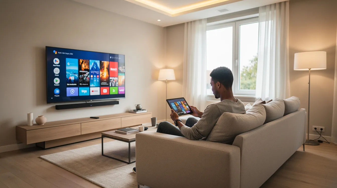 Une personne assise dans un salon moderne utilise une télé connectée tout en tenant une tablette, affichant une interface d'iptv qui permet d'accéder à des chaînes TV en direct et à un catalogue de films et séries en qualité full HD. L'ambiance du salon est contemporaine, avec des éléments de décoration élégants.