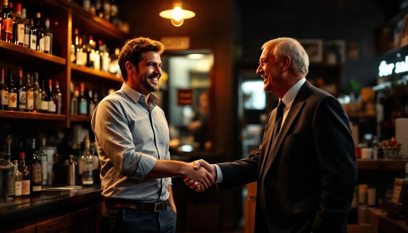 A small business owner is seen finalizing a deal to purchase an existing liquor store, utilizing a business loan to fund the acquisition. The image captures the essence of small business financing in the liquor store industry, highlighting the importance of loan applications and financial institutions in this process.