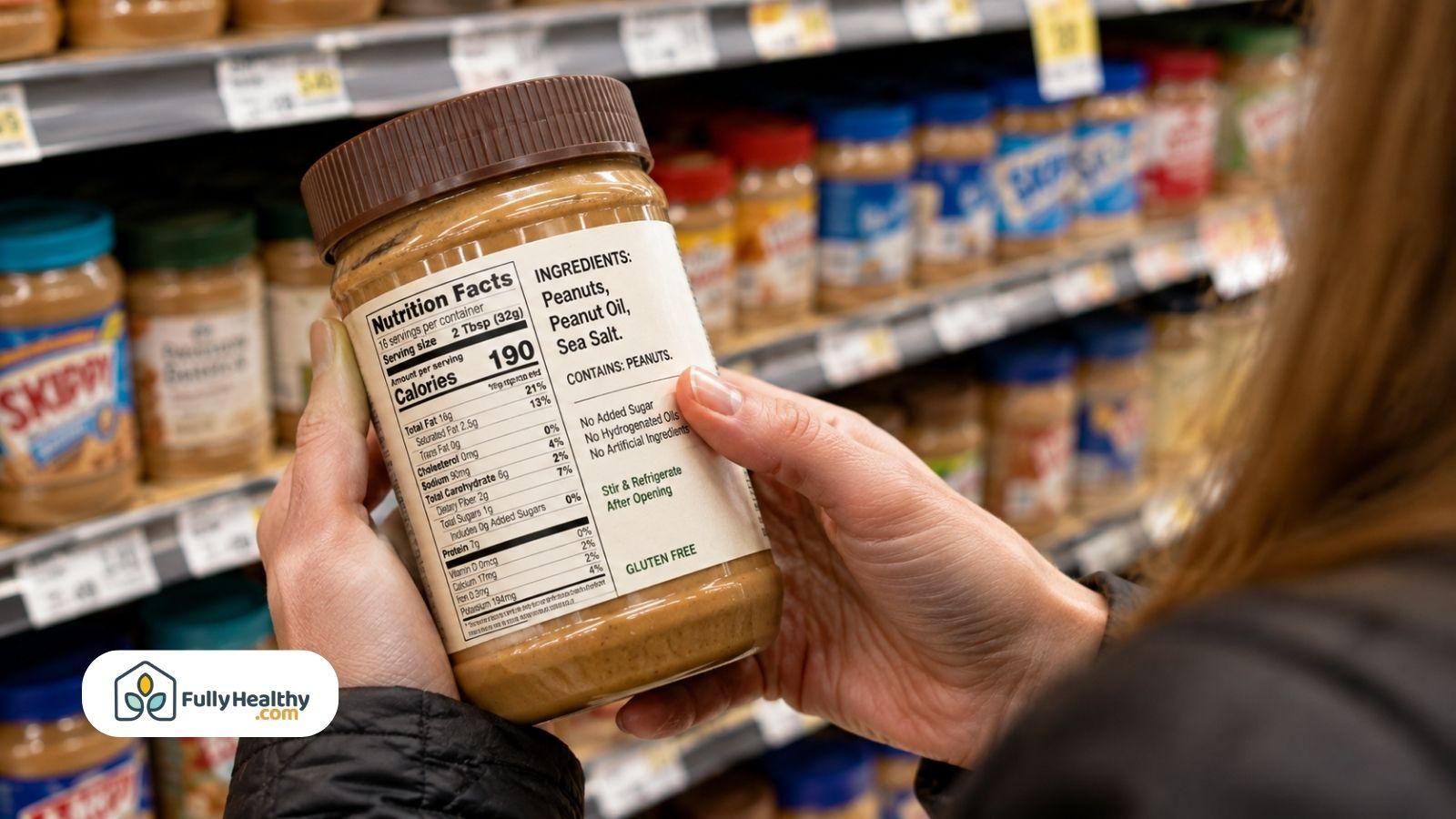 Person reading natural peanut butter ingredient label in grocery store aisle carefully checking