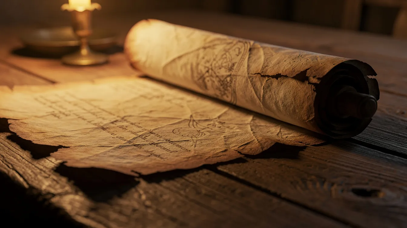 The image features an ancient, weathered parchment scroll partially unrolled on a wooden table, illuminated by warm light, suggesting a connection to Hebrew thought and biblical texts. This setting evokes the rich cultural traditions of ancient Israel, where communicating God's instruction was central to Hebrew culture and the intellectual world of the time.