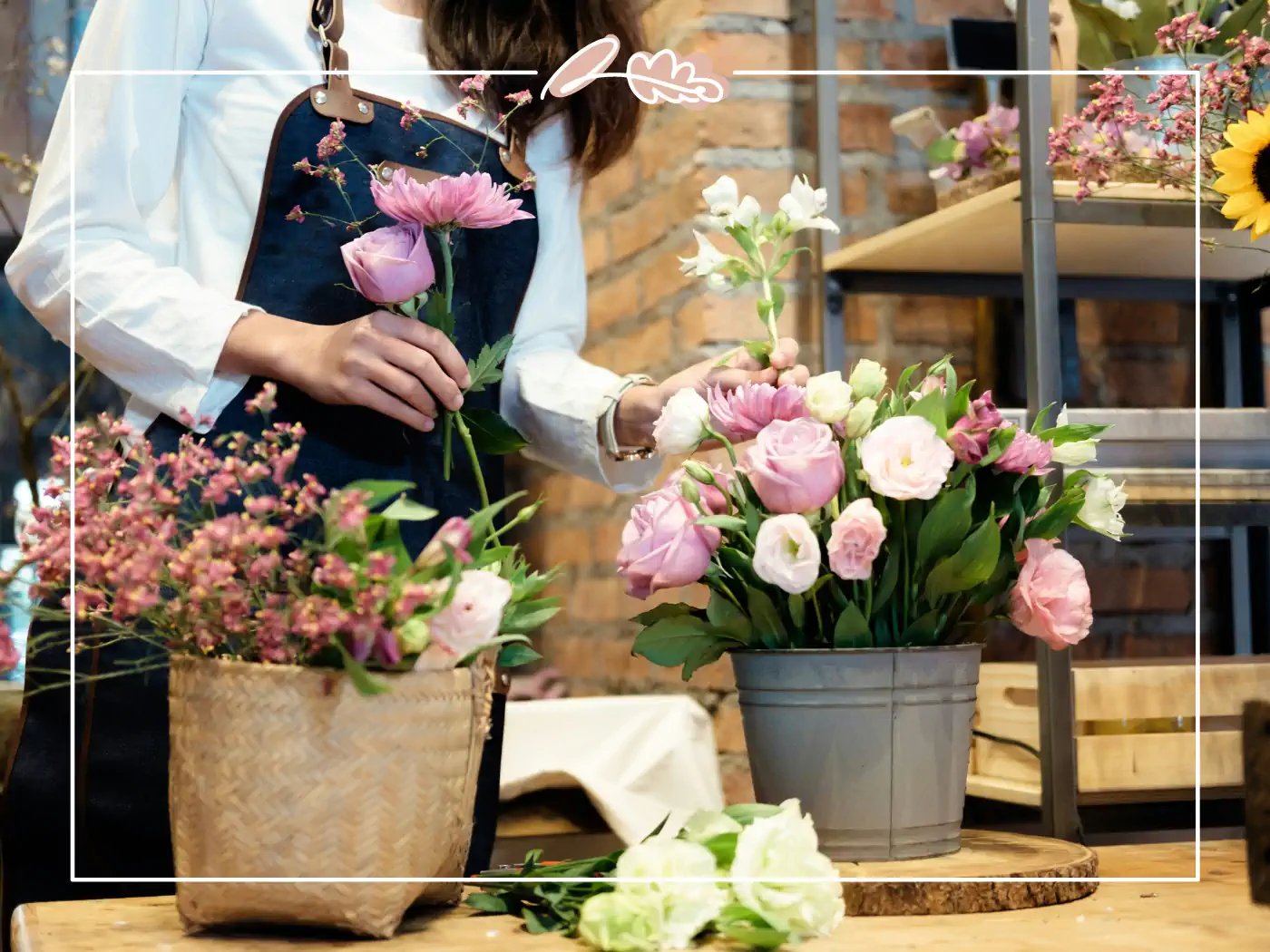 Florist arranging a bouquet of pink and white flowers in a shop with various flowers and plants in the background - Fabulous Flowers and Gifts