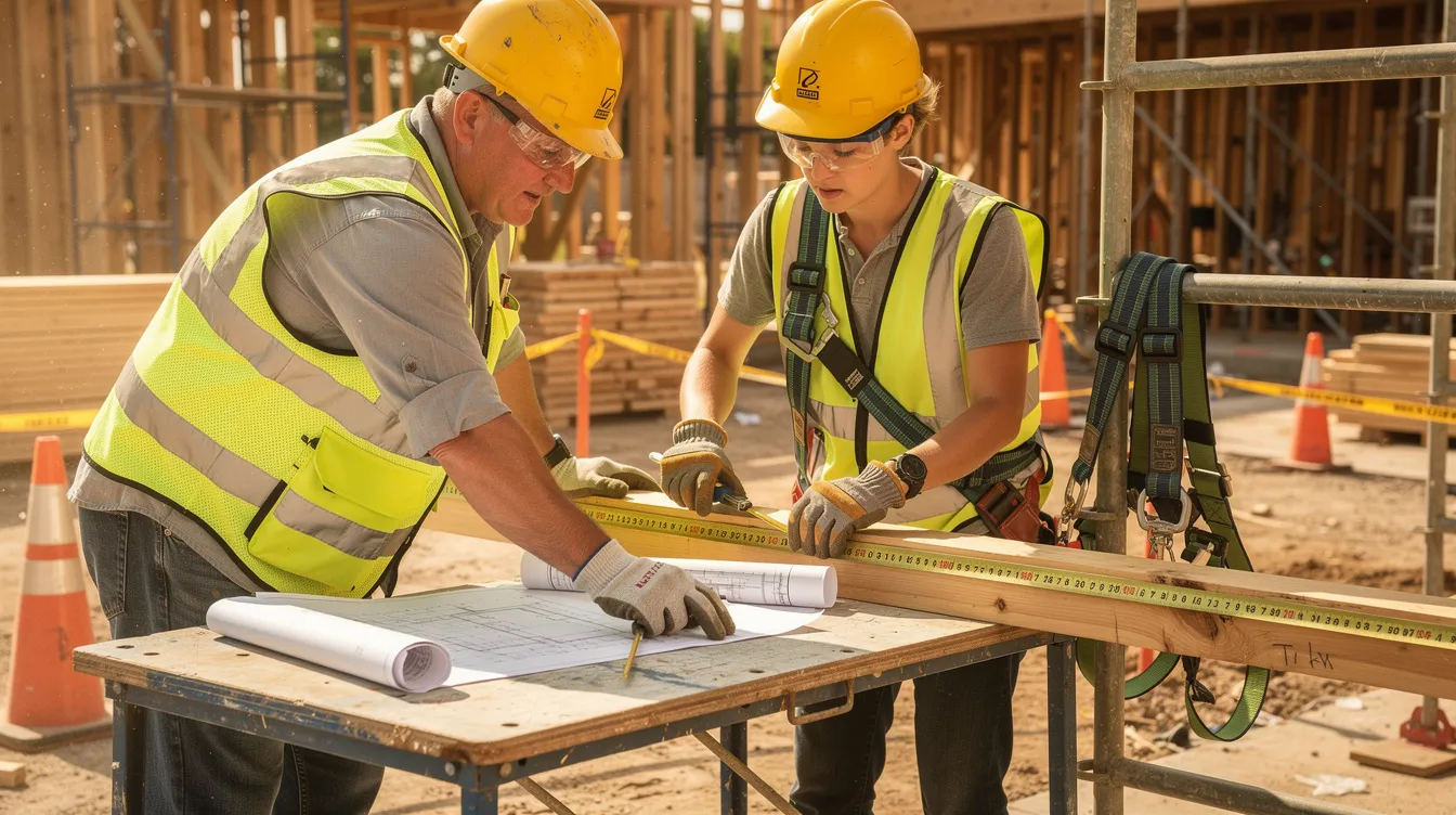 A mentor and apprentice collaborate on a construction project, both wearing safety equipment to ensure a secure working environment. This scene highlights the importance of leadership training and professional development within the construction industry, fostering the next generation of skilled workers.